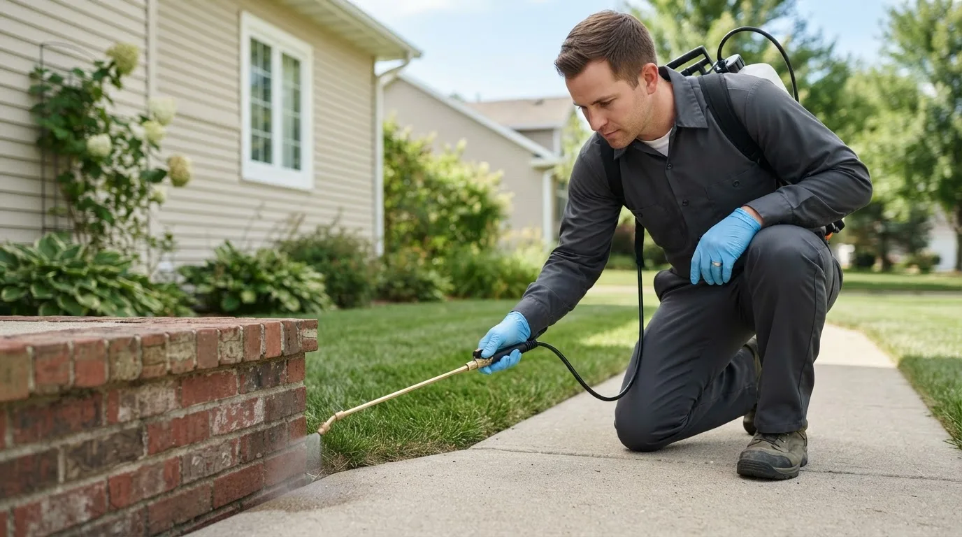 Pest control technician treating a home near Woden, IA
