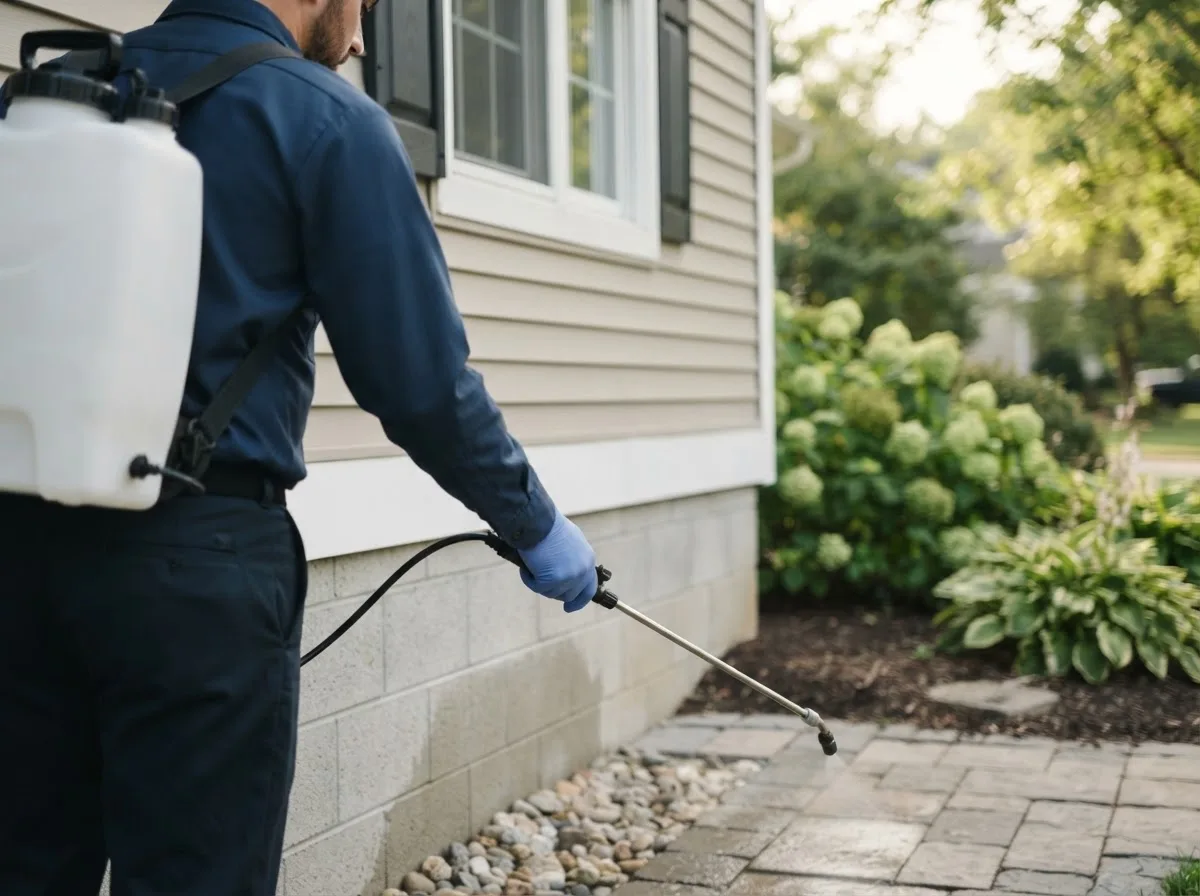 Pest control technician inspecting a home in Woden, IA